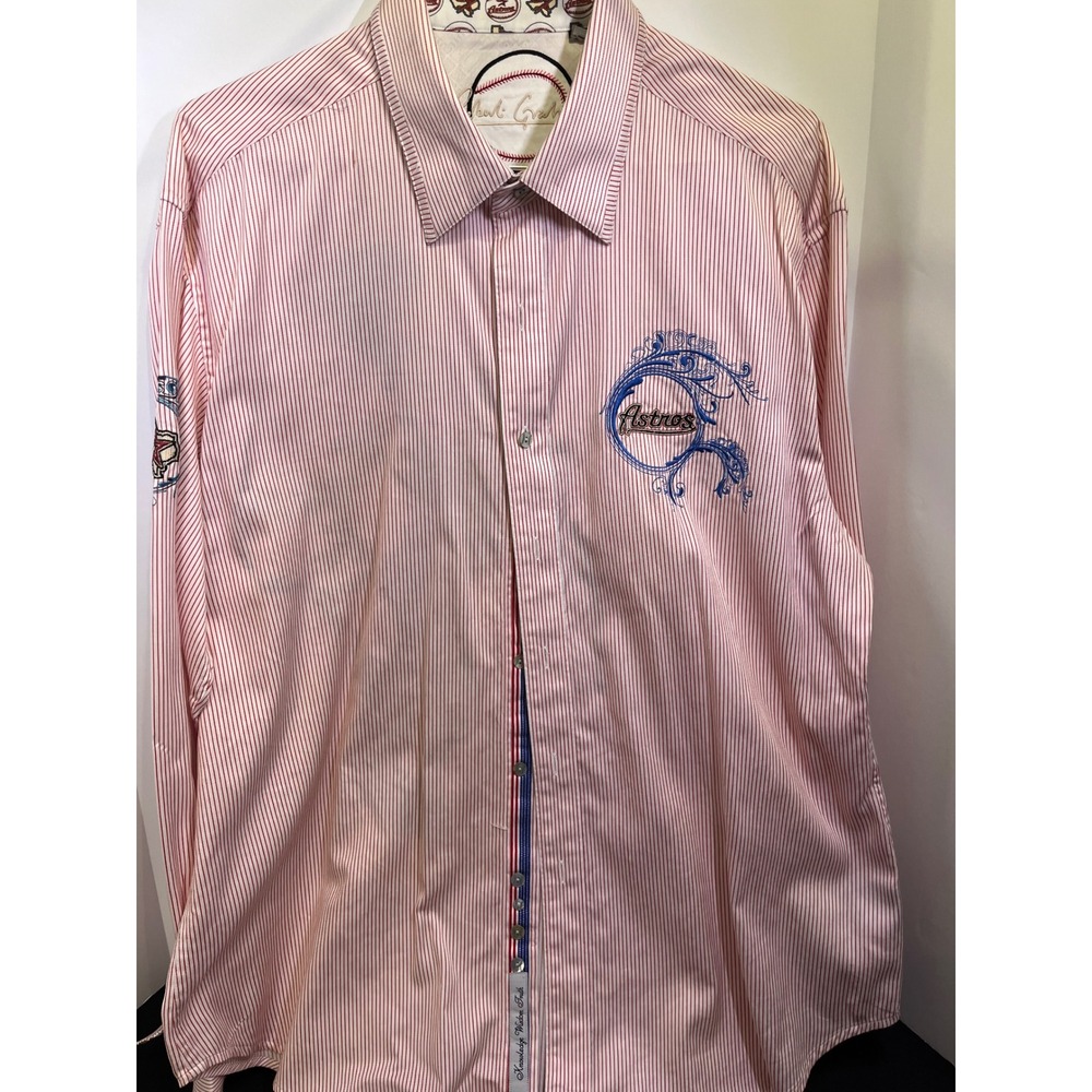 Robert Graham Houston Astros MLB Pinstripe Button Down Shirt Mens 2XL Red White